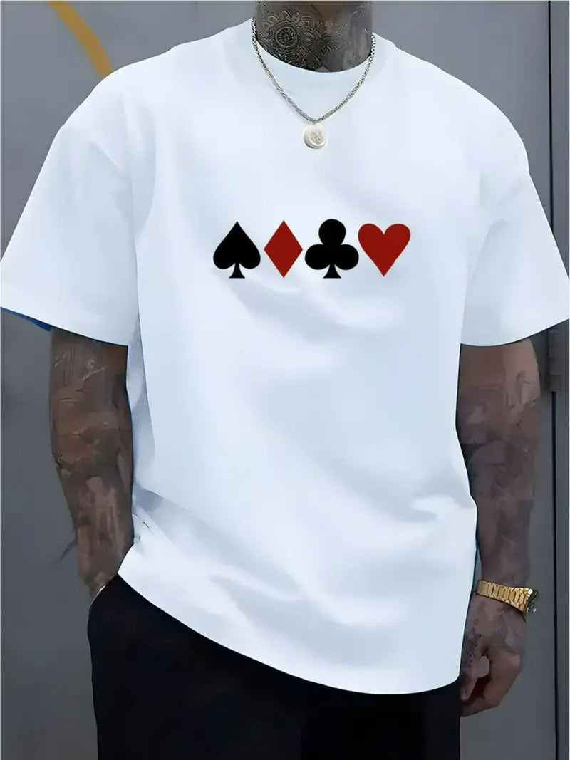 Camiseta masculina 100% algodão - Camiseta minimalista com estampa de cartas de baralho, gola redonda.