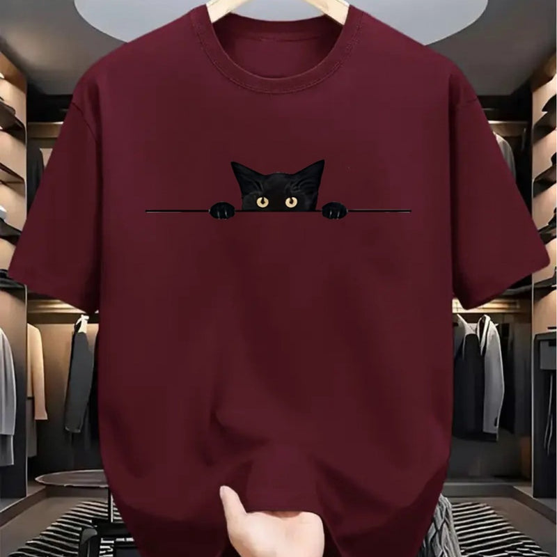 Camiseta masculina 100% algodão - Camiseta minimalista com estampa de gato olhando para a parede.