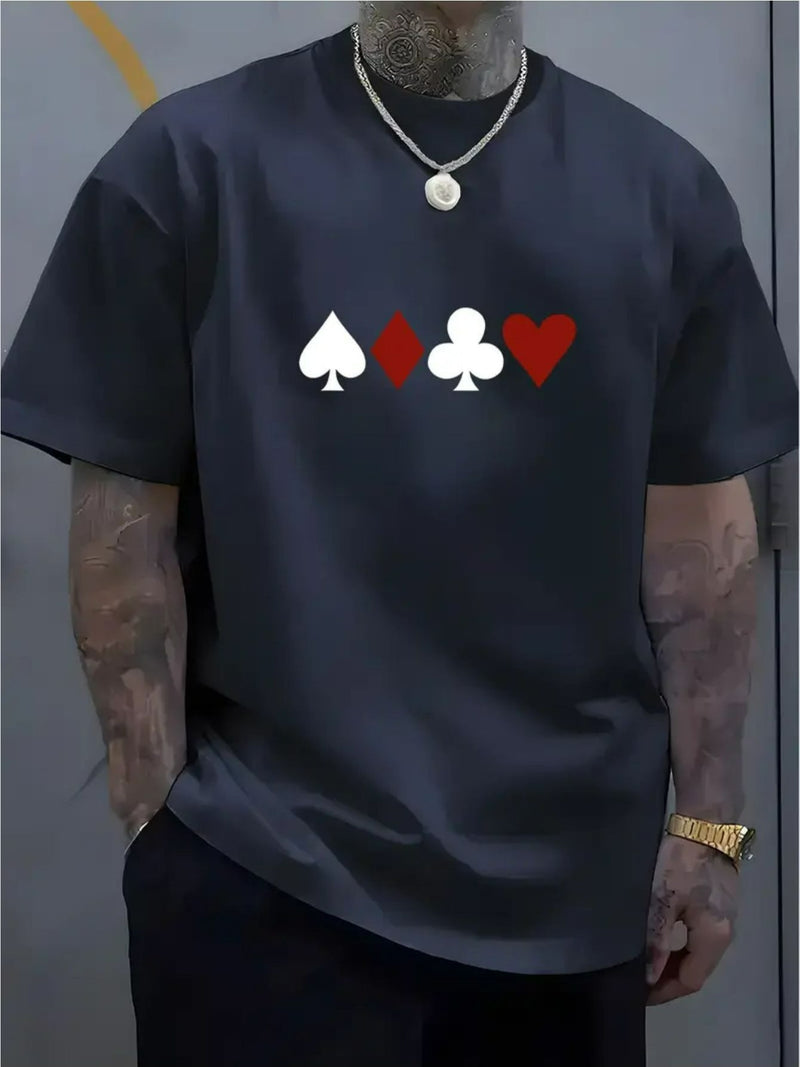 Camiseta masculina 100% algodão - Camiseta minimalista com estampa de cartas de baralho, gola redonda.
