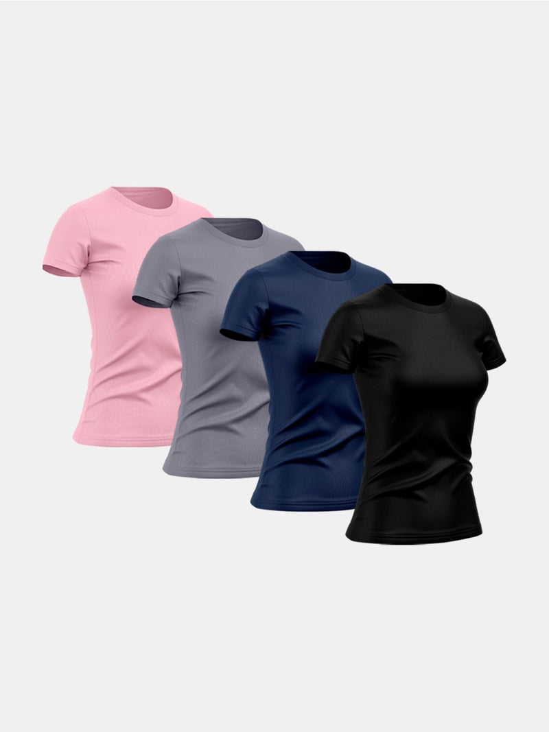 Kit com 4 camisetas femininas básicas lisas com proteção térmica contra o sol.