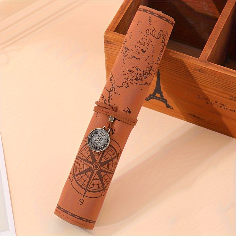 Estojo de lápis vintage em couro PU com bússola náutica, enrolável, porta-canetas de grande capacidade.