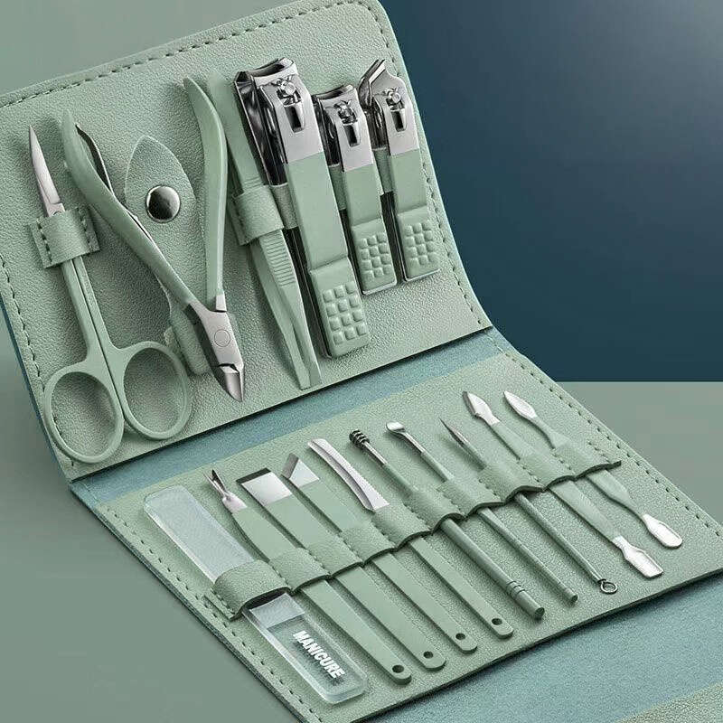 Kit profissional de manicure e pedicure com 16 peças em aço inoxidável.