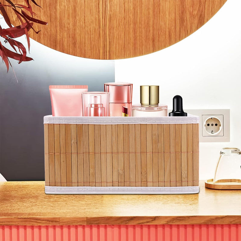 Conjunto de 3 cestos organizadores de bambu com forro para cozinha, banheiro, quarto e maquiagem.