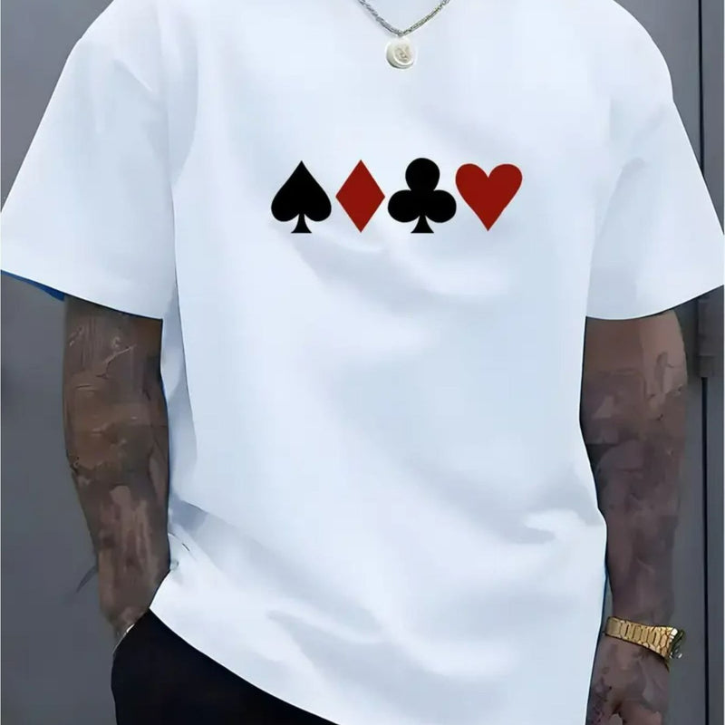 Camiseta masculina 100% algodão - Camiseta minimalista com estampa de cartas de baralho, gola redonda.