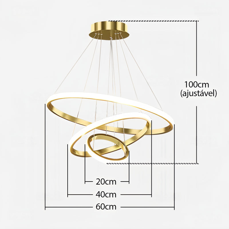 Lustre LED moderno e luxuoso com três anéis, acabamento dourado, semi-embutido, luz brilhante e aconchegante, com interruptor, 110V e 220V
