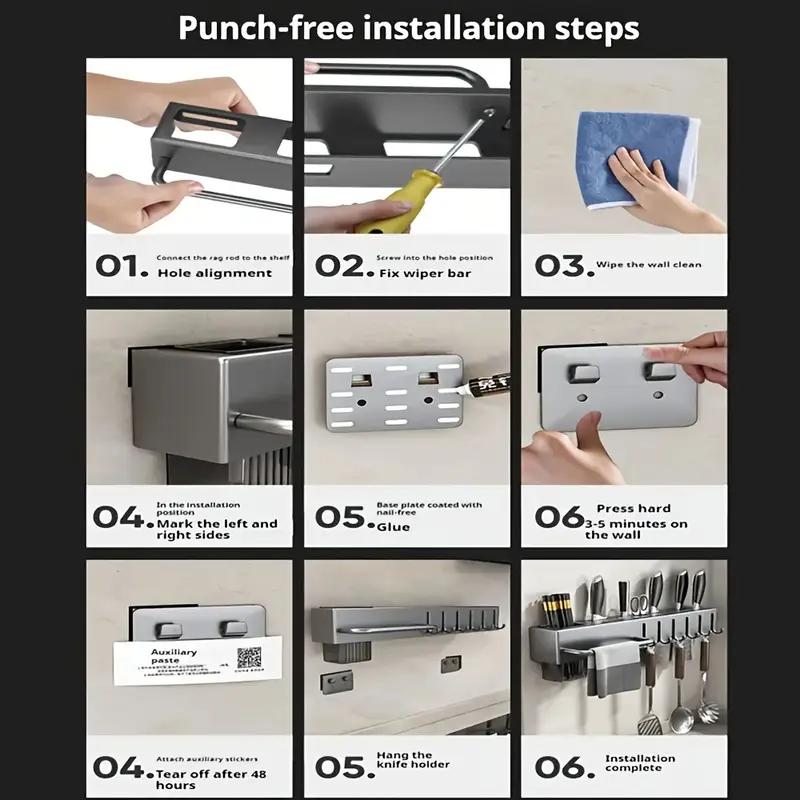 Organizador de cozinha sem furos, porta-utensílios e talheres com espaço para facas e pauzinhos.