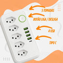 Tomada de 5 saídas, 4 portas USB, cabo longo.