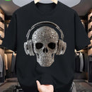 Camiseta Caveira de Algodão Camiseta masculina de algodão respirável - Design vintage com caveira e fones de ouvido, manga curta e gola redonda.