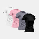 Kit com 4 camisetas femininas básicas lisas com proteção térmica contra o sol.