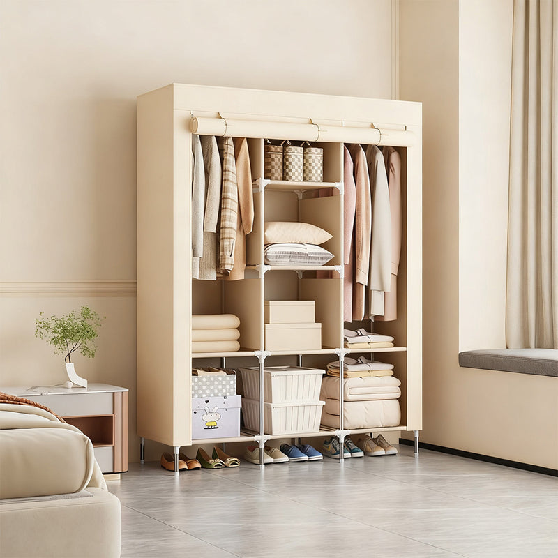 Guarda-roupa dobrável de peça única, possui alta capacidade de carga, fácil instalação.