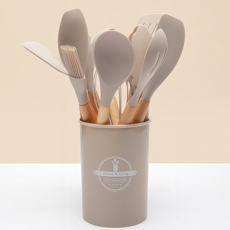 Conjunto de utensílios de cozinha brasileiro em silicone e madeira (12 peças) - Jogo completo com suporte, livre de BPA, antiaderente e resistente ao calor.