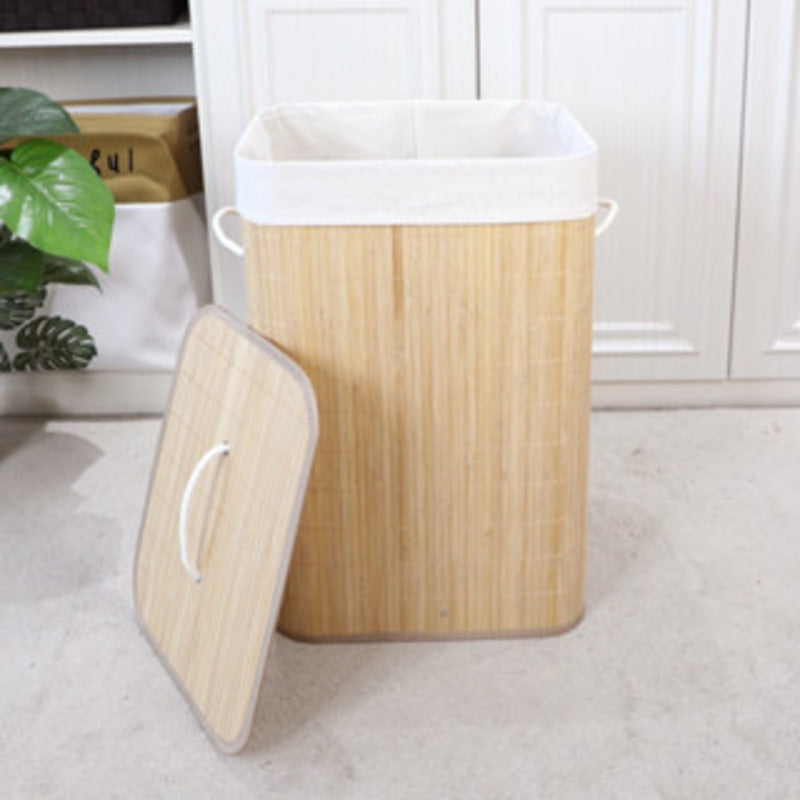 Cesto de roupa de bambu com tampa retangular para banheiro, bege.