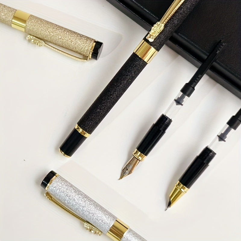 Conjunto de 3 canetas-tinteiro de luxo em metal com 10 tintas pretas.