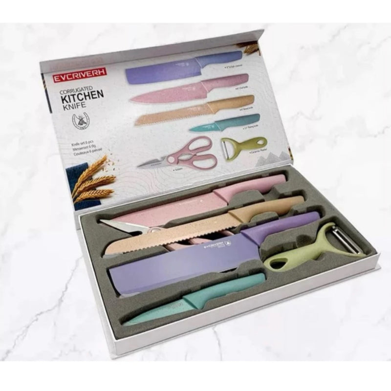 Conjunto de 6 peças para churrasco: faca para carne e legumes, descascador e tesoura profissional.