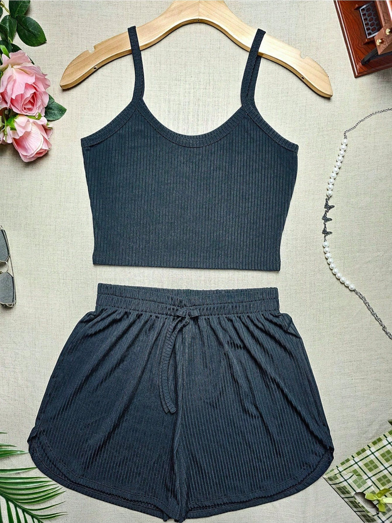 Kit 5 Conjunto Básico de Top Cropped com Regata de Alças Finas + Shorts de Malha Canelada em 5 Cores.