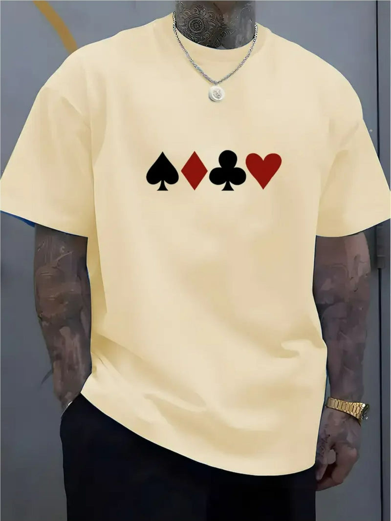 Camiseta masculina 100% algodão - Camiseta minimalista com estampa de cartas de baralho, gola redonda.