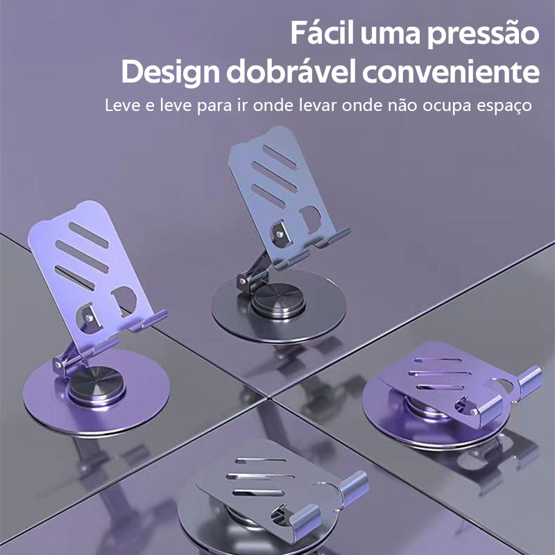 Suporte de metal para celular/tablet, suporte de mesa dobrável e giratório 360 graus, alta estabilidade.