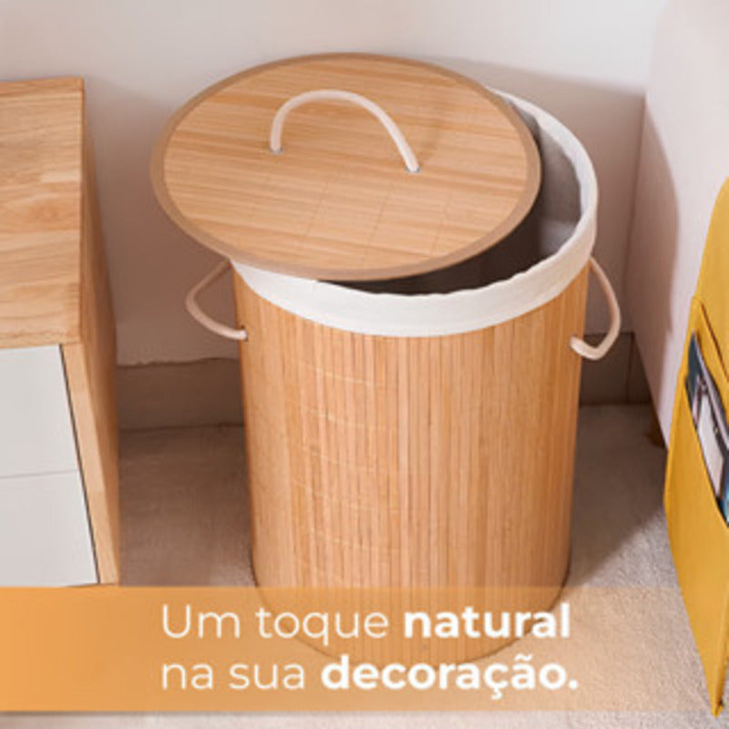 Cesto de roupa de bambu com tampa retangular para banheiro, bege.