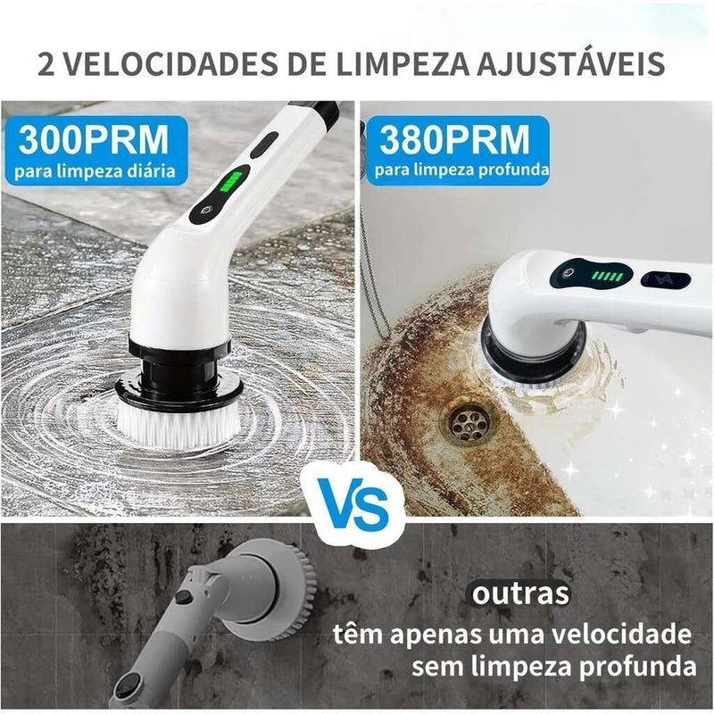 Escova de limpeza rotativa elétrica recarregável 9 em 1 com cabo extensível.