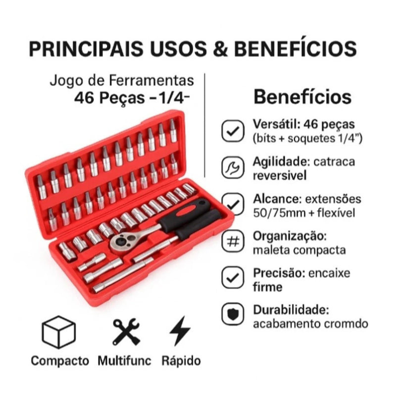 Kit de ferramentas com 46 peças.