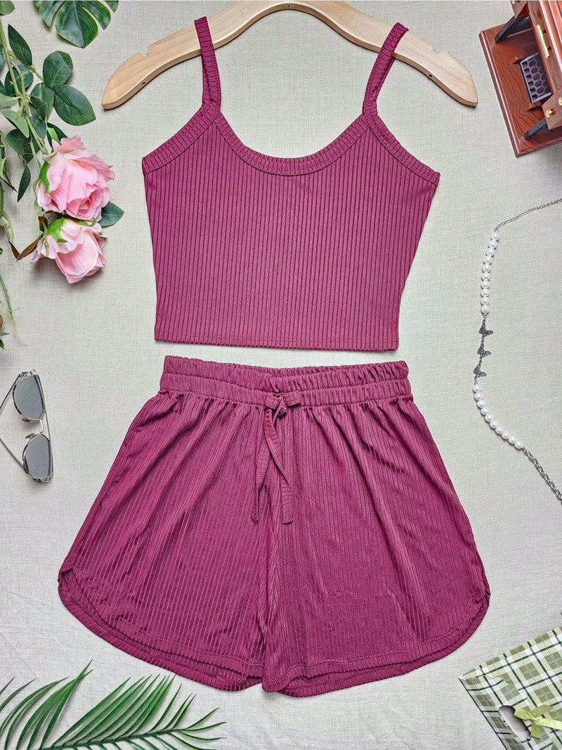 Kit 5 Conjunto Básico de Top Cropped com Regata de Alças Finas + Shorts de Malha Canelada em 5 Cores.