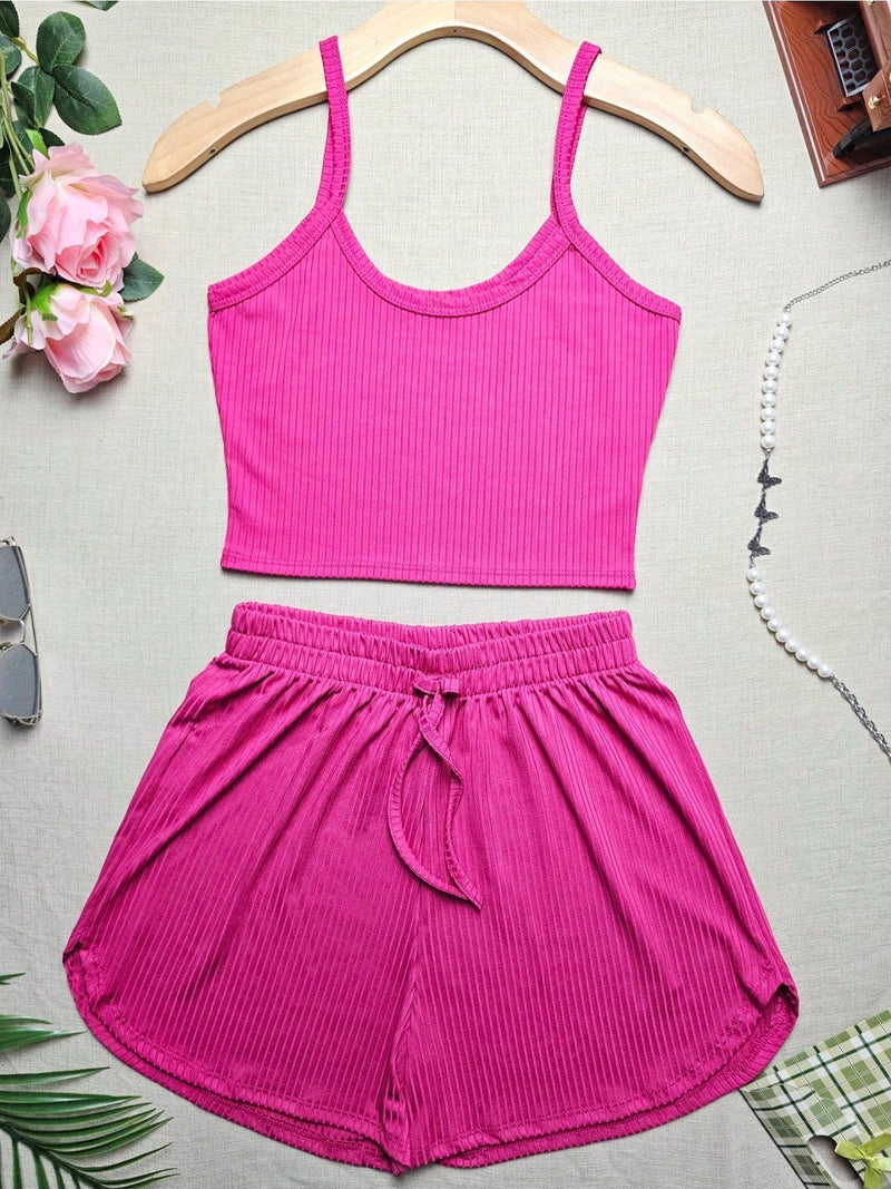 Kit 5 Conjunto Básico de Top Cropped com Regata de Alças Finas + Shorts de Malha Canelada em 5 Cores.