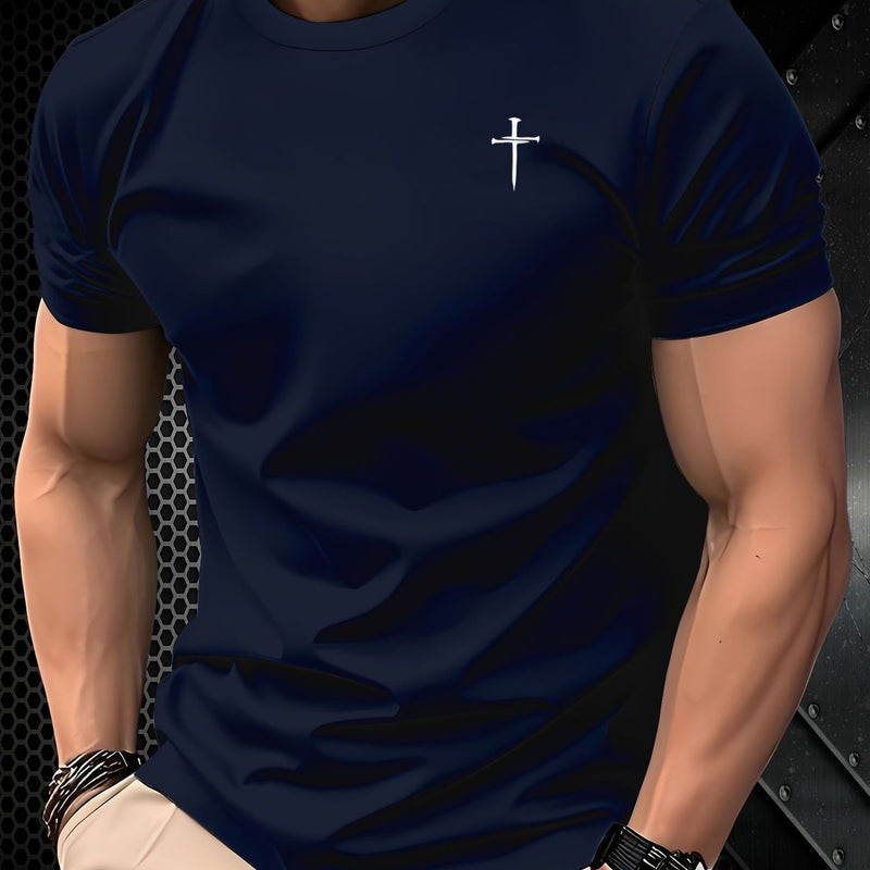 Camiseta masculina básica casual de gola redonda com estampa minimalista de cruz.