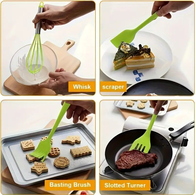 Conjunto de 5 utensílios de cozinha de silicone: escorredor, colher, espátula e pincel pequeno.