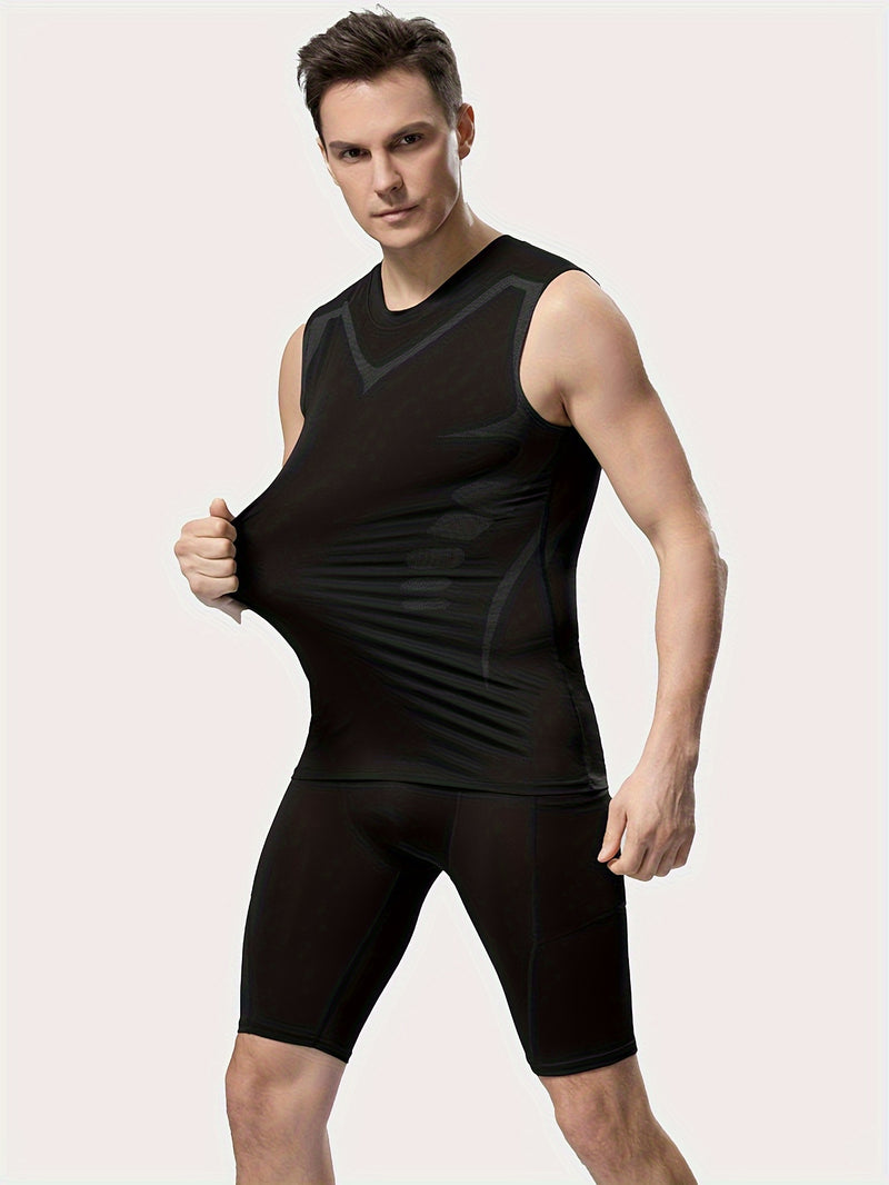 Camiseta regata esportiva masculina de compressão, ideal para basquete, treino e atividades físicas. Possui tecido elástico, ombros largos.