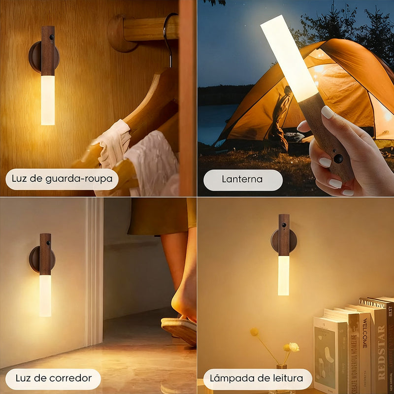 Conjunto de 2 Luminárias Noturnas de Parede Sem Fio com Sensor de Movimento e Adesivo Magnético, Recarregáveis via USB, com Design em Madeira.