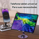 Suporte de metal para celular/tablet, suporte de mesa dobrável e giratório 360 graus, alta estabilidade.