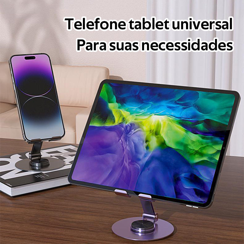 Suporte de metal para celular/tablet, suporte de mesa dobrável e giratório 360 graus, alta estabilidade.