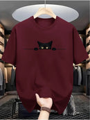 Camiseta masculina 100% algodão - Camiseta minimalista com estampa de gato olhando para a parede.