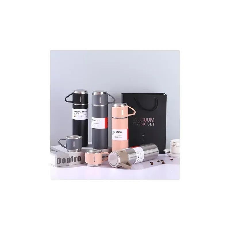 Conjunto de garrafa térmica e copos de aço inoxidável de 500 ml.