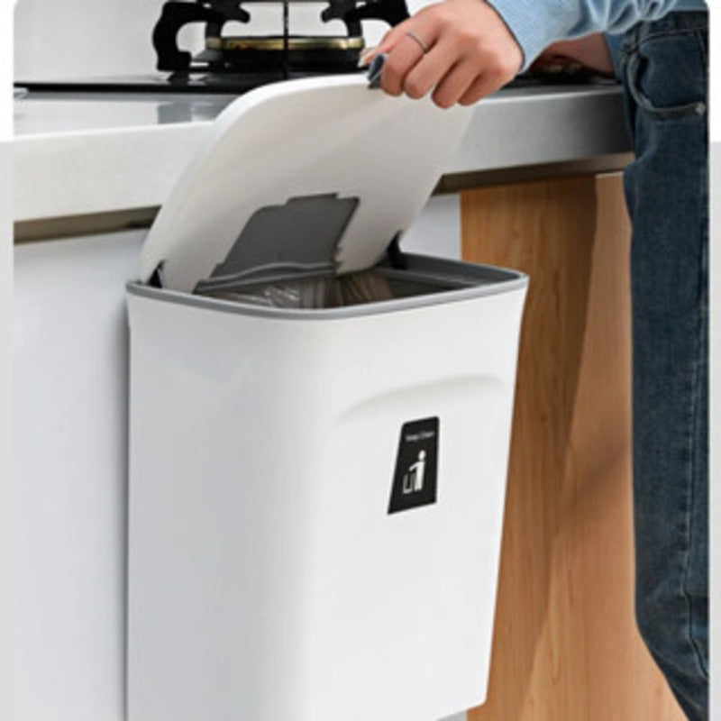 Lixeira suspensa de 9 litros com tampa de suporte alto e alça adesiva para cozinha e banheiro.