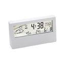 Relógio de mesa digital multifuncional com visor LCD para temperatura e umidade.
