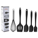 Conjunto de 5 utensílios de cozinha de silicone: escorredor, colher, espátula e pincel pequeno.