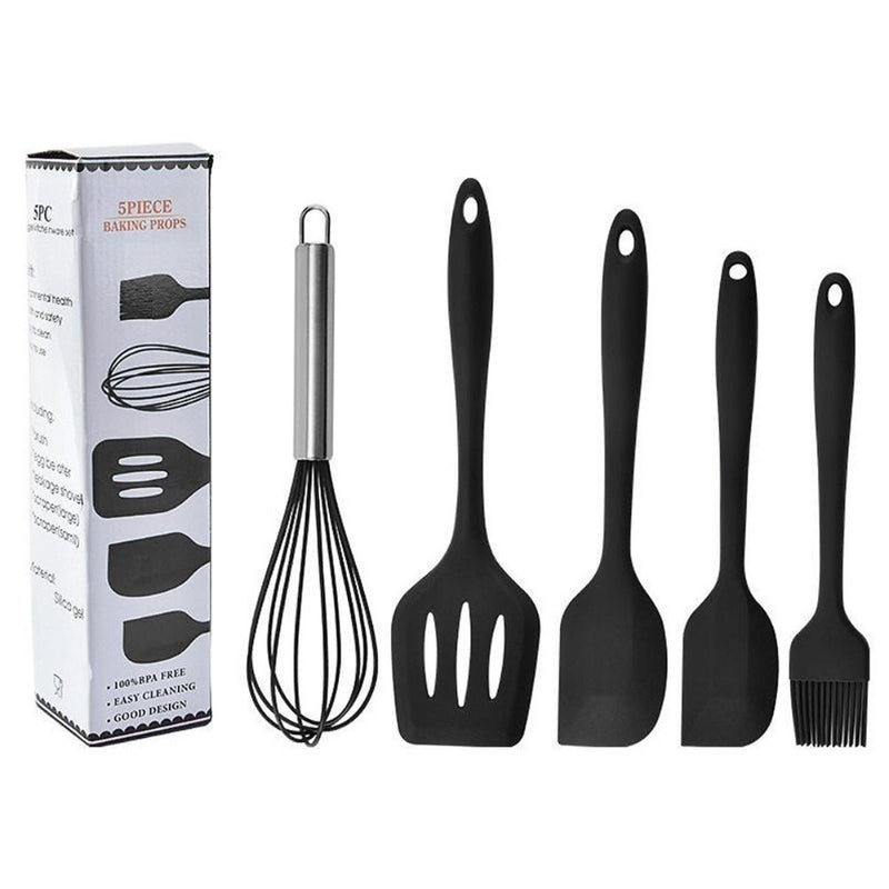 Conjunto de 5 utensílios de cozinha de silicone: escorredor, colher, espátula e pincel pequeno.