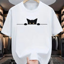 Camiseta masculina 100% algodão - Camiseta minimalista com estampa de gato olhando para a parede.