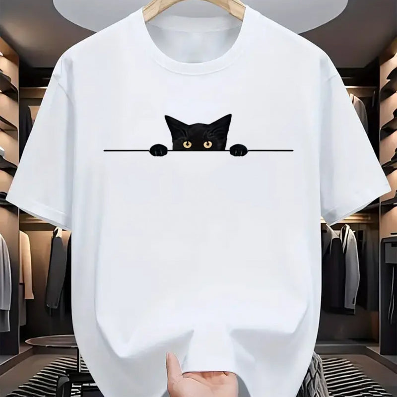 Camiseta masculina 100% algodão - Camiseta minimalista com estampa de gato olhando para a parede.