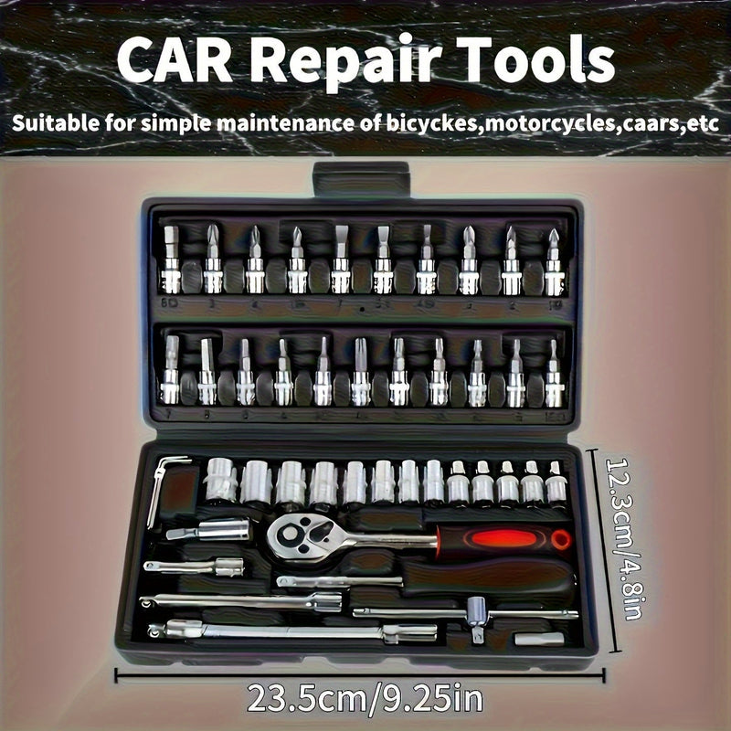 Kit de ferramentas multifuncional portátil para reparo de carros com 46 peças.