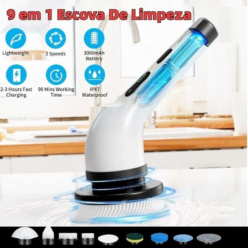 Escova de limpeza rotativa elétrica recarregável 9 em 1 com cabo extensível.