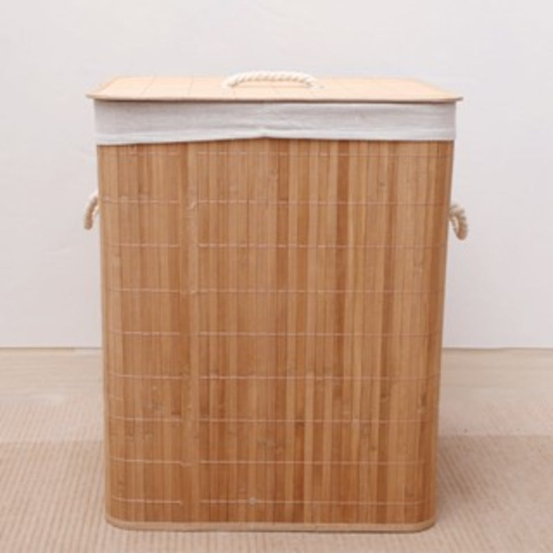 Cesto de roupa de bambu com tampa retangular para banheiro, bege.