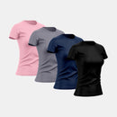 Kit com 4 camisetas femininas básicas lisas com proteção térmica contra o sol.