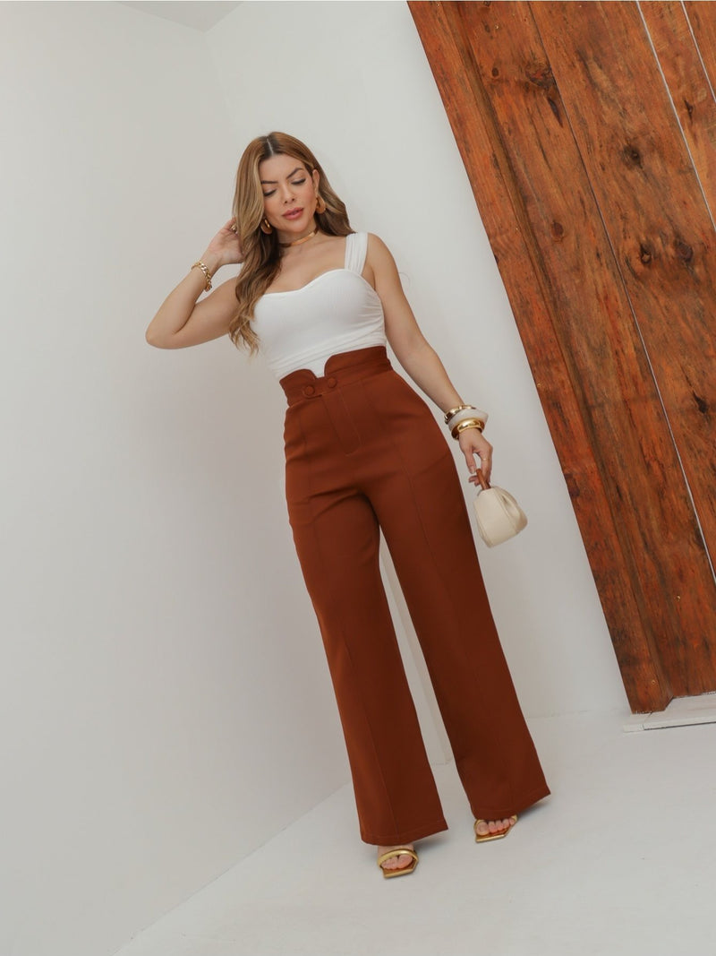 Calça social feminina moderna e elegante com botão e bolso frontal.