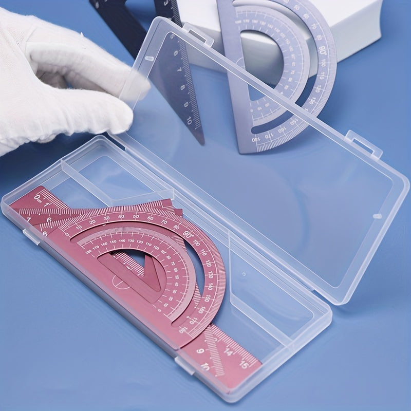 Conjunto de desenho técnico em metal com 4 peças, caixa de armazenamento, conjunto de réguas de medição para estudantes.