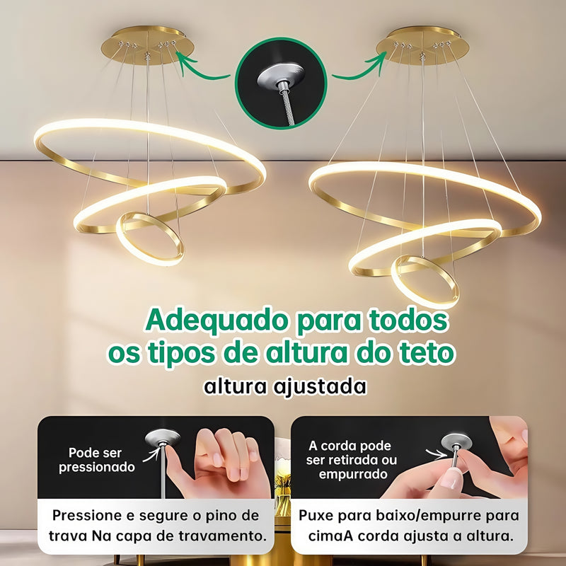 Lustre LED moderno e luxuoso com três anéis, acabamento dourado, semi-embutido, luz brilhante e aconchegante, com interruptor, 110V e 220V