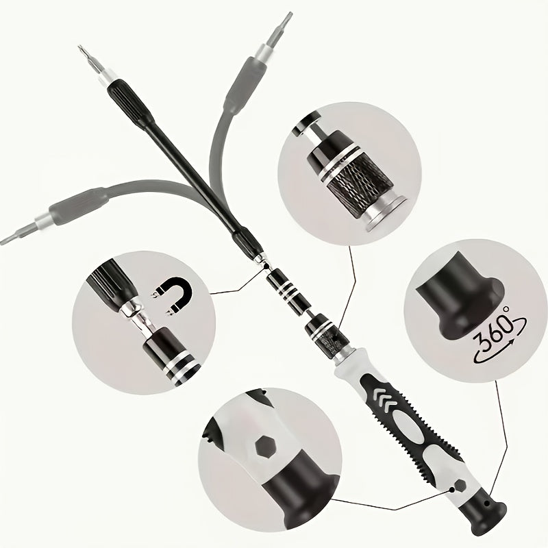 Conjunto de chaves de fenda de precisão com 115 peças, feitas de aço cromo-vanádio, com tratamento de superfície anticorrosivo e cabo antiderrapante.