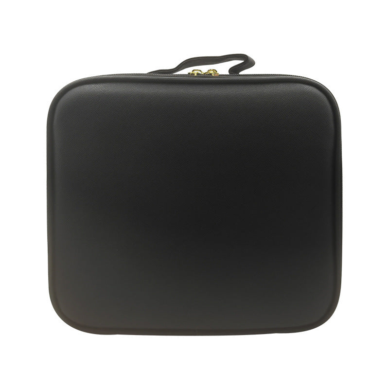 Estojo de maquiagem profissional com espelho, luz LED e organizador USB.