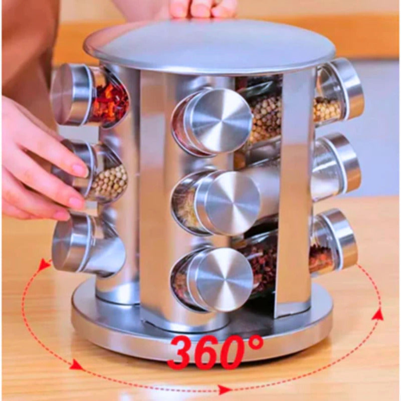 Porta-temperos giratório prateado com 12 potes.